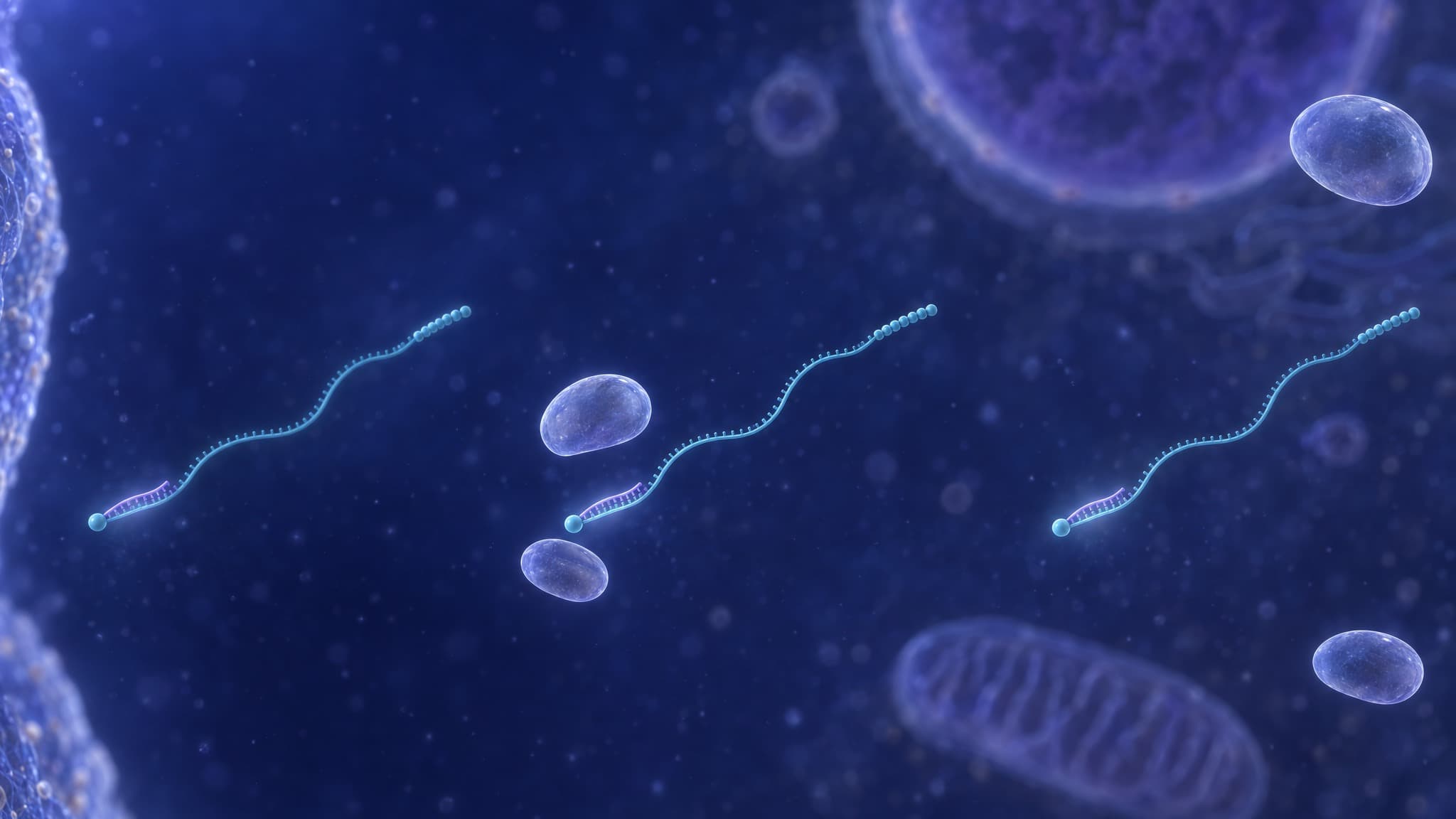 Three stages inside a cell, left to right: one uniform oligonucleotide strand with no gap pairs at the start of a messenger RNA after its capped end, the message running on to its beaded tail; on a second message the two subunits of a ribosome, a larger rounded body above and a smaller one below, approach the paired start under a faint cool halo and cannot close on it; on a third message the subunits have drifted apart to opposite corners while the start stays paired. Every message stays whole, no enzyme appears and nothing is cut. The cell membrane stands at the left, the nucleus at the top right and a mitochondrion at the lower right.