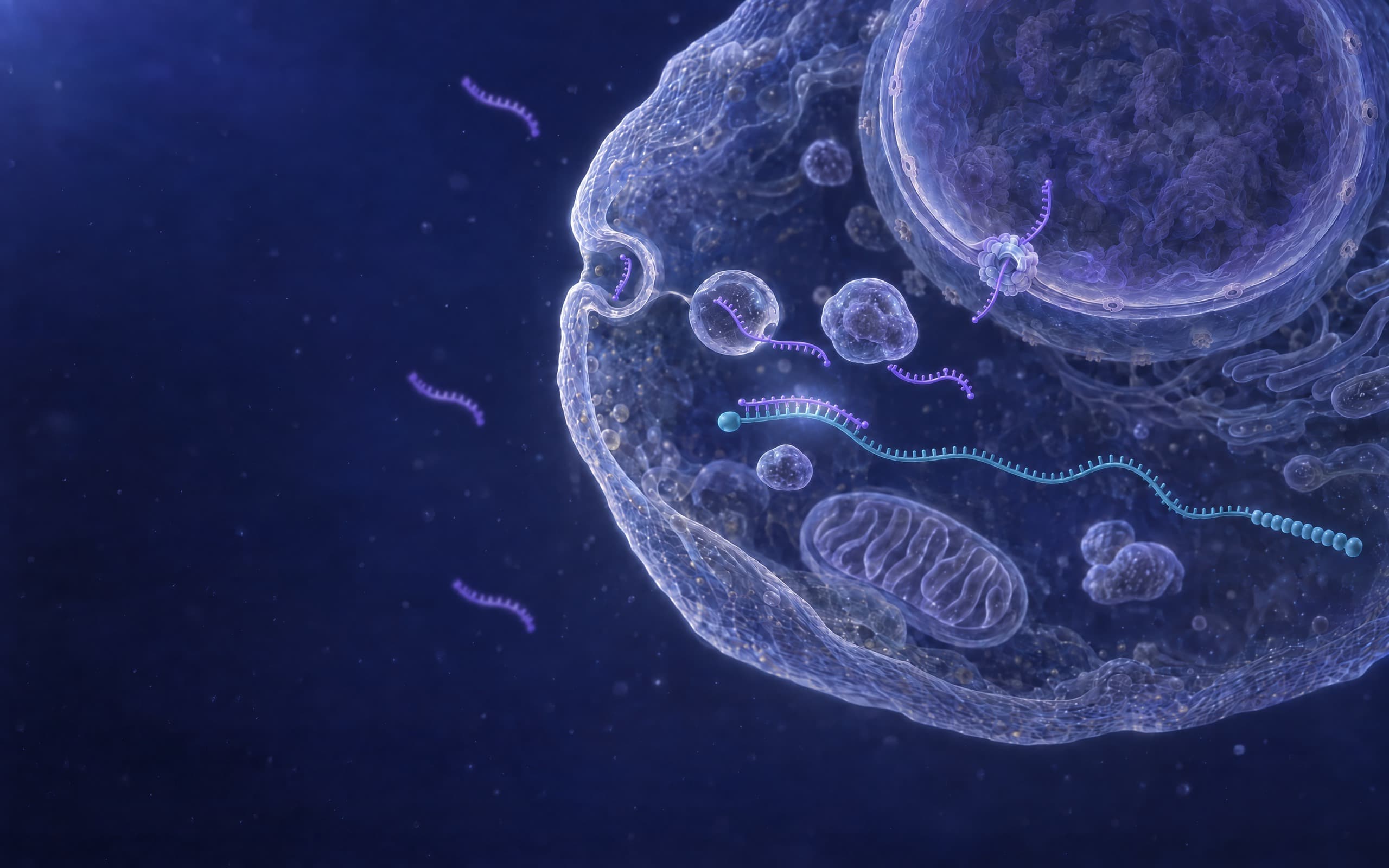 A self-delivering antisense oligonucleotide, one uniform strand with no gap, is taken up by endocytosis and blocks a messenger RNA: single strands drift in the medium outside the cell membrane with no transfection reagent, the membrane takes one in through a pit and a vesicle, one passes through a pore into the nucleus, and in the cytoplasm one is paired at the very start of a messenger RNA, next to its capped end, under a cool faint glow. The two parts of a ribosome sit apart there, the larger above the paired start and the smaller below it, unjoined; no enzyme sits on the pair, nothing is cut, and the messenger RNA runs on whole to its beaded tail past a mitochondrion.