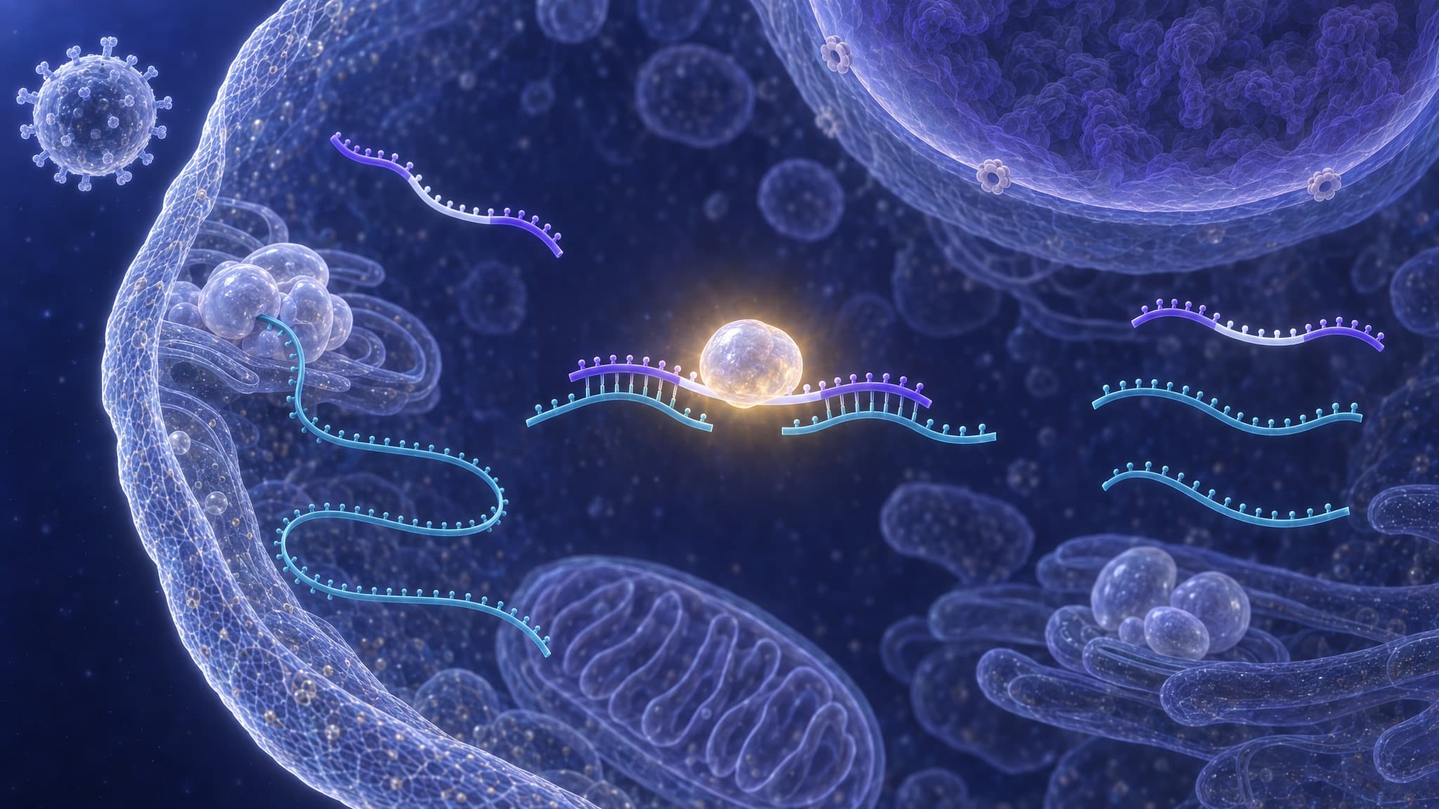 Three stages inside an infected cell, left to right. Outside the cell membrane a spiked virion floats. Inside, a viral RNA spools from a replication complex, a cluster of translucent lobes on a membrane fold, while a gapmer with a pale central gap drifts free. The gapmer is paired with the viral RNA with RNase H1, a translucent globular enzyme, on the pale gap under the one warm glow. The viral RNA is cleaved beneath it into two clean ends with the gapmer whole across the gap. At the right the free gapmer drifts whole beside two separate fragments of the viral RNA, and an idle replication complex sits dim with no strand on it. The nucleus stands at the top right and a mitochondrion at the lower center.