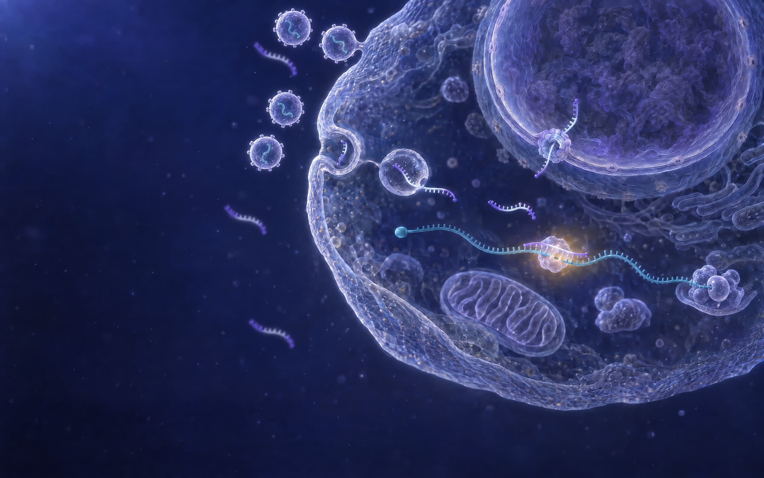 AUMsilence V+ sdASO taken up by an infected cell without a transfection reagent; RNase H1 cleaves the hybridized viral RNA.