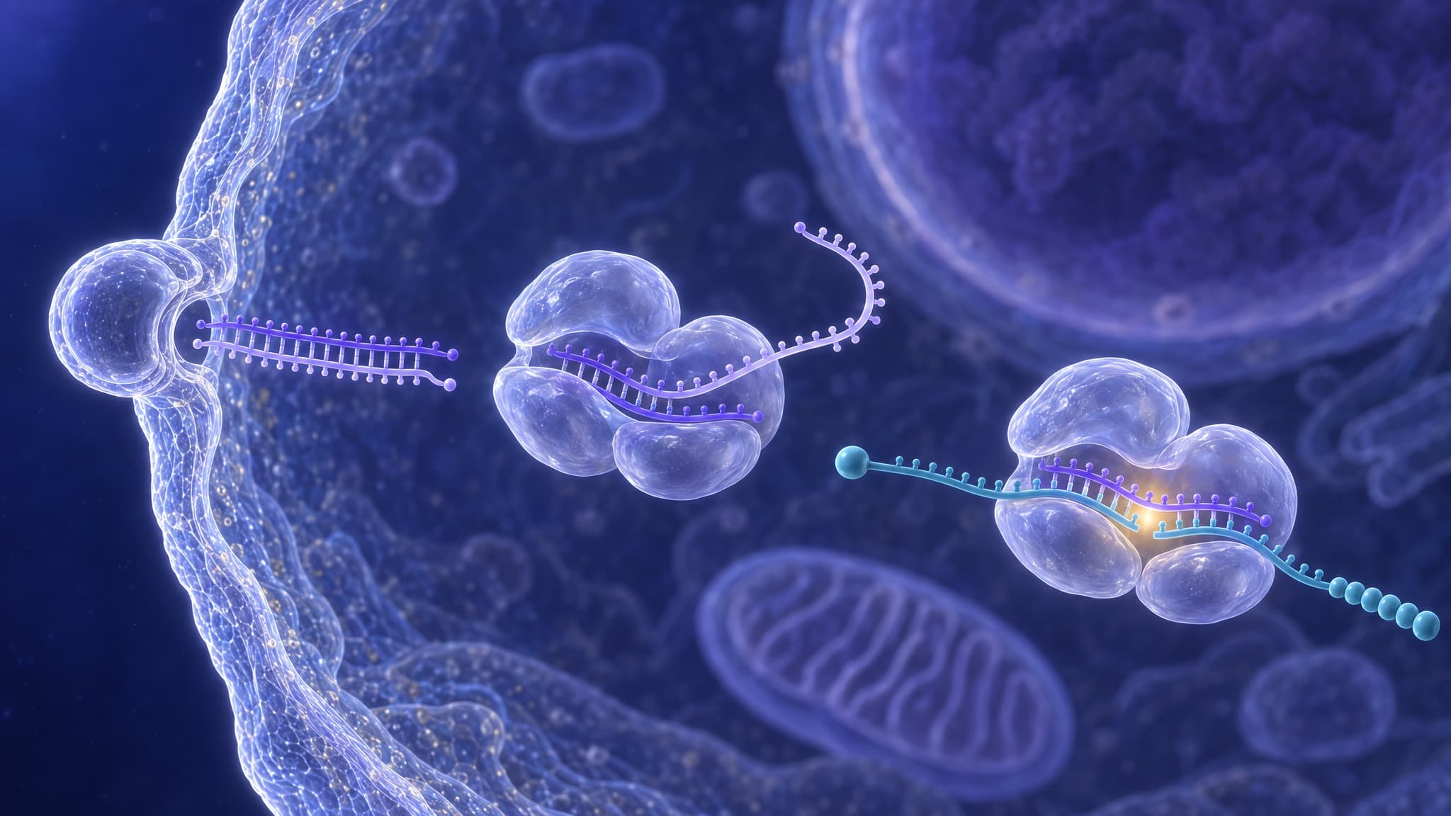 Three stages inside a cell, left to right. A lipid transfection particle fused to the cell membrane releases a short double-stranded RNA, a guide strand and a paler passenger strand joined by rungs. Argonaute 2, a translucent two-lobed protein, holds the guide strand in its groove while the passenger strand comes away from its far end and arcs off. The loaded complex pairs the guide strand with a messenger RNA between its capped start and its beaded tail. The message is cleaved beneath it under a warm glow, the guide strand whole across the cut. The nucleus stands at the top right and a mitochondrion at the lower center.