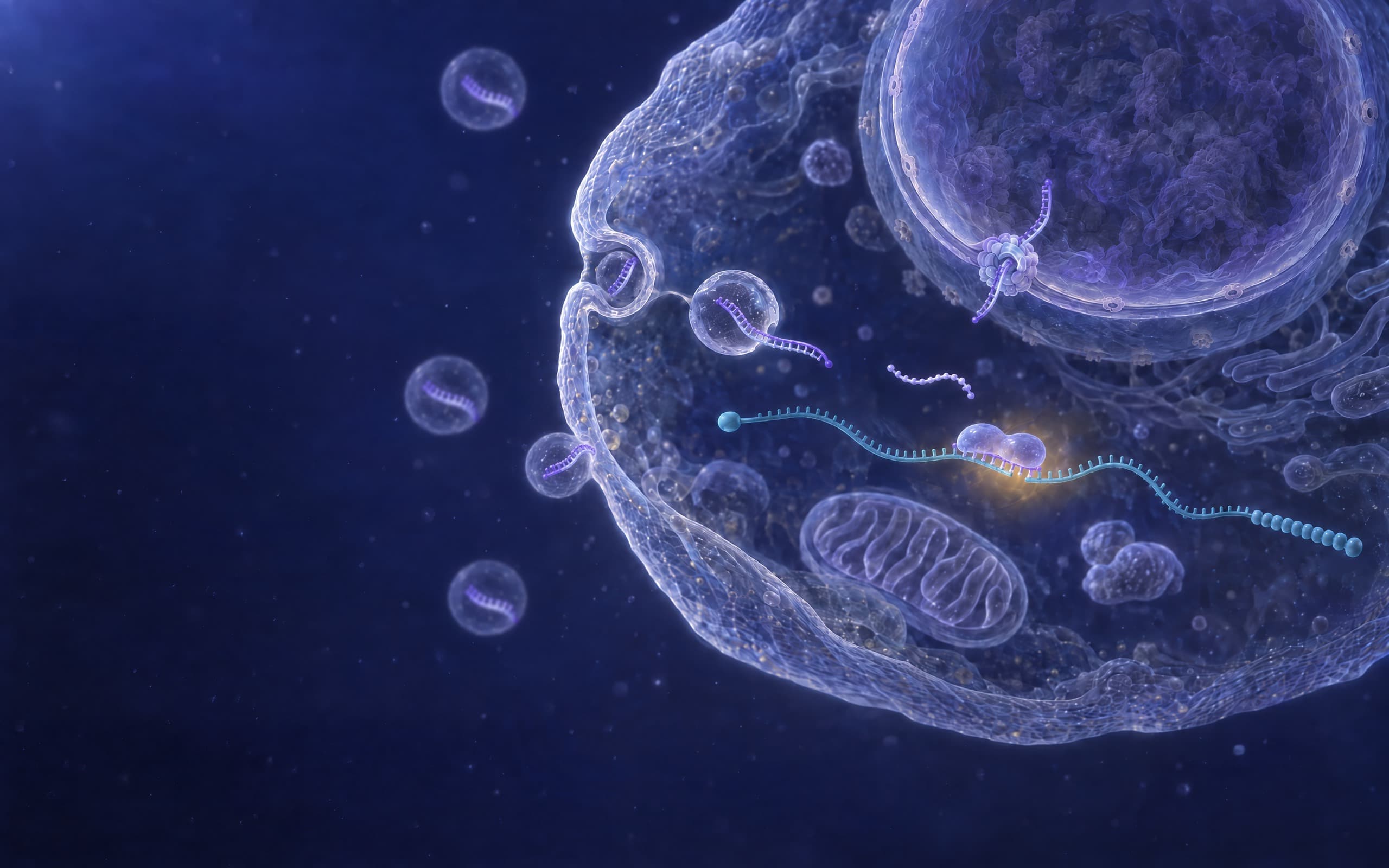 AUMsiRNA delivered by a lipid transfection particle; Argonaute 2 loads the guide strand and cleaves the target messenger RNA.