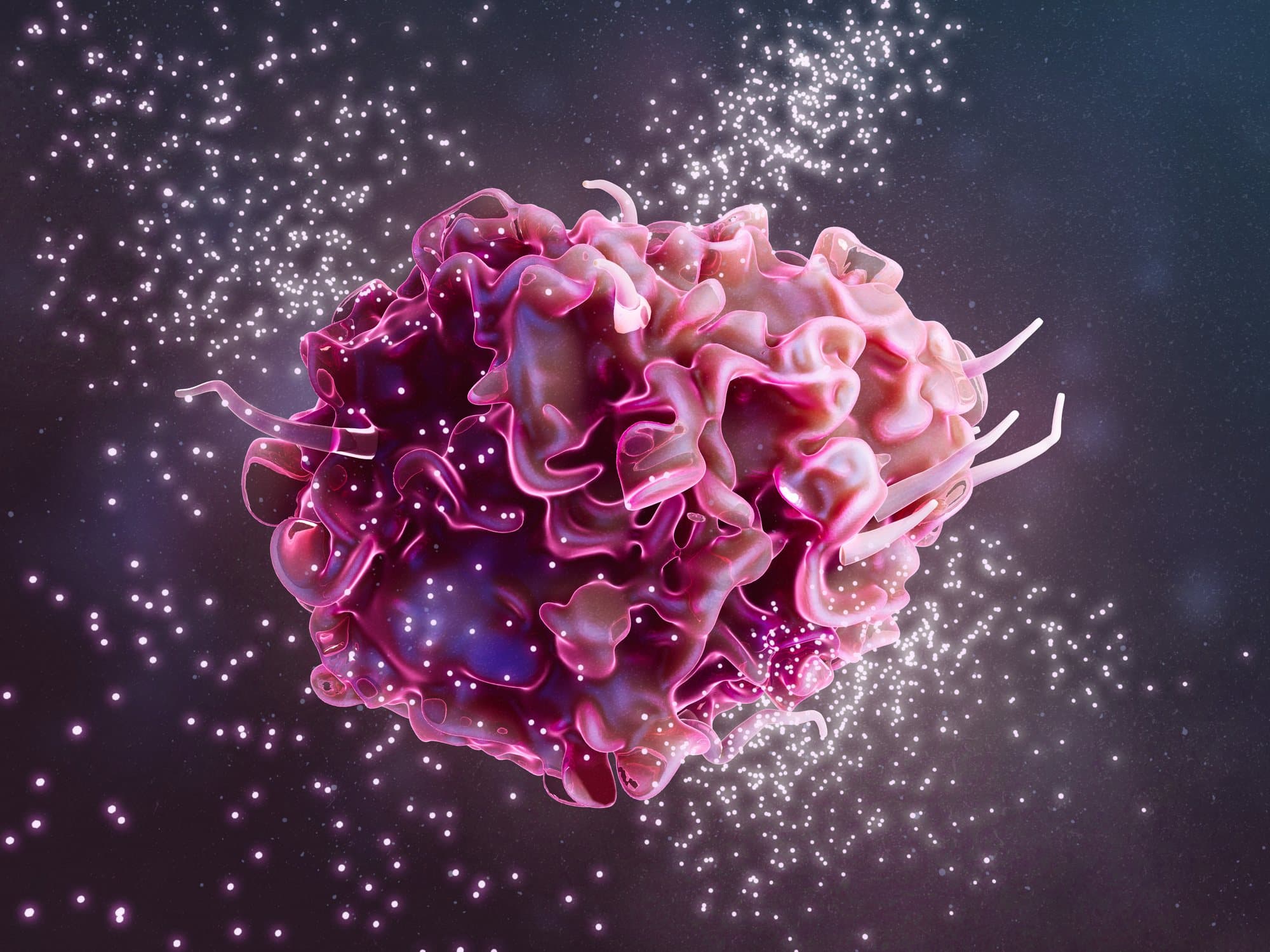 A rendering of a single immune cell with a ruffled surface, small particles scattered around it