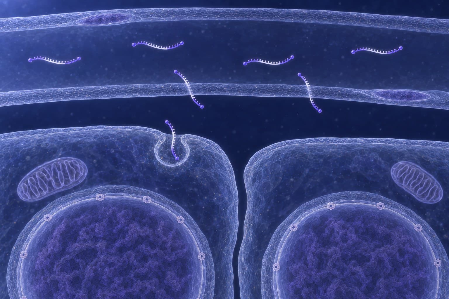 A capillary runs across the top of the frame as a thin translucent tube with two flat nuclei in its wall; in its plasma four antisense gapmers, strands with a pale central gap between two violet wings, drift free, and two more pass down through the lower wall into the tissue beneath, where two cells sit side by side, each with a chromatin-filled nucleus in a pored envelope and a mitochondrion, and the left cell's membrane folds into a pit around one gapmer that is entering it.