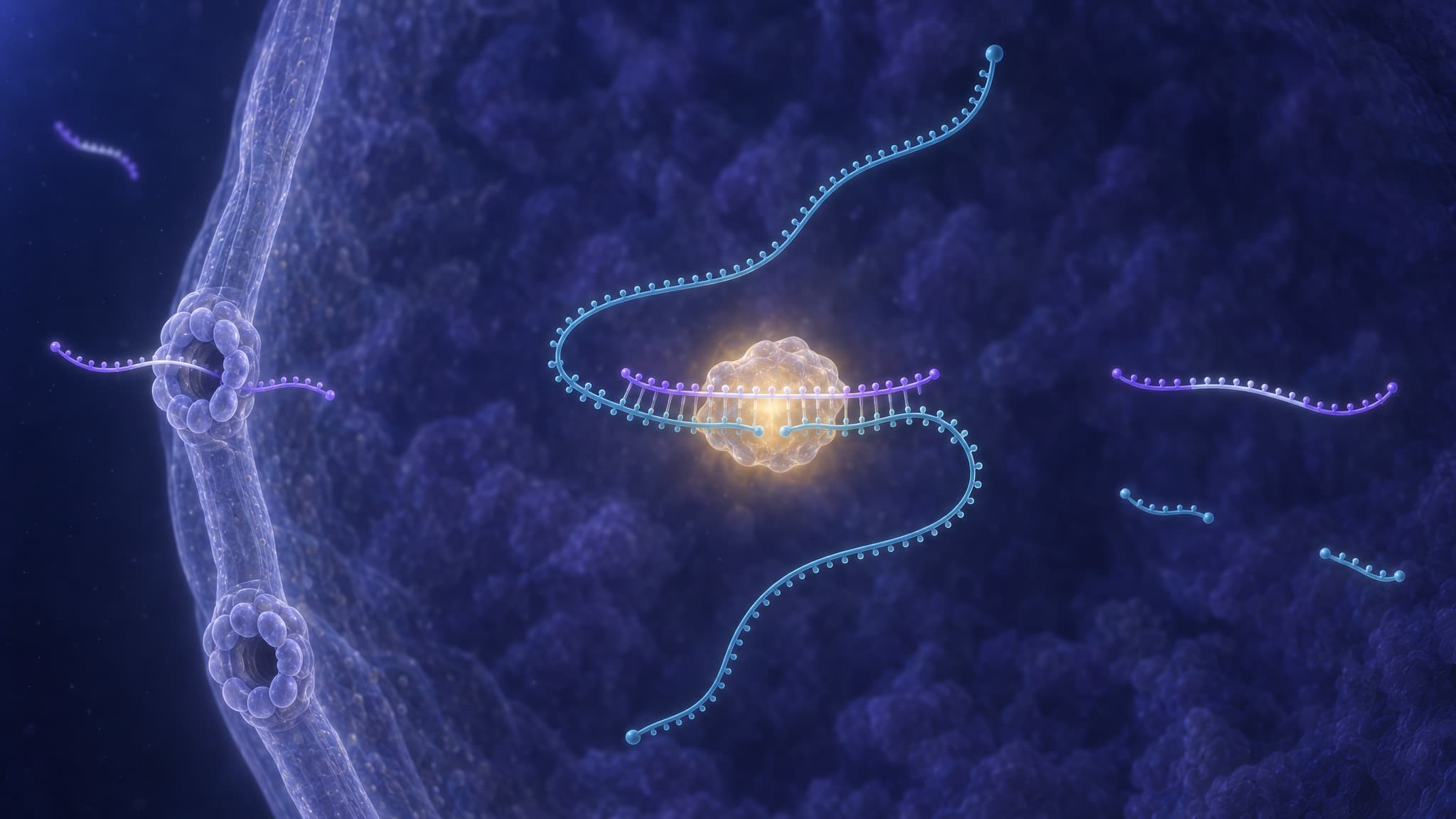 Three stages in the nucleus: the gapmer crosses a nuclear pore, RNase H1 cleaves the long non-coding RNA, and the gapmer is released whole.