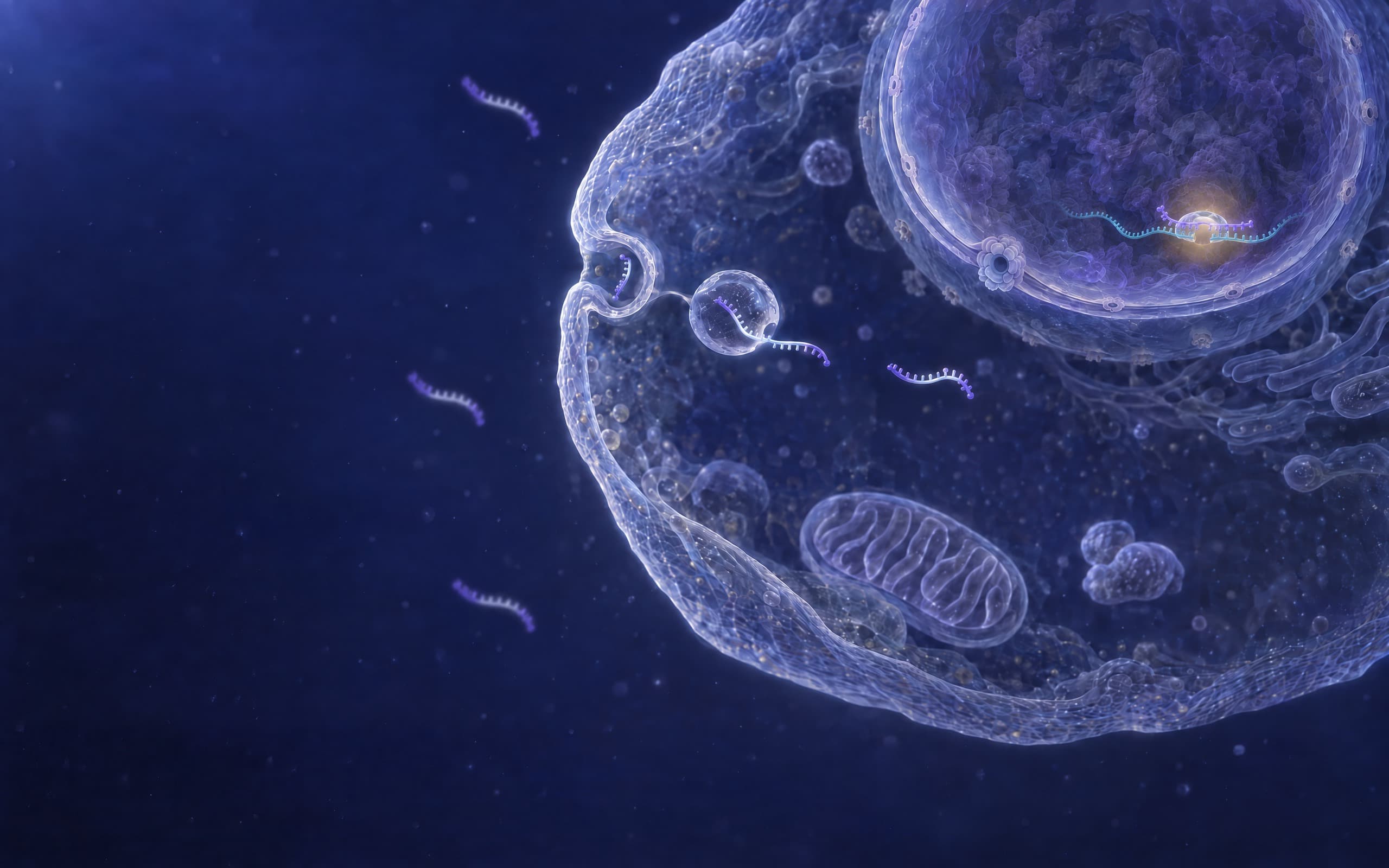 AUMlnc sdASO taken up by a cell without a transfection reagent; in the nucleus, RNase H1 cleaves the hybridized long non-coding RNA.