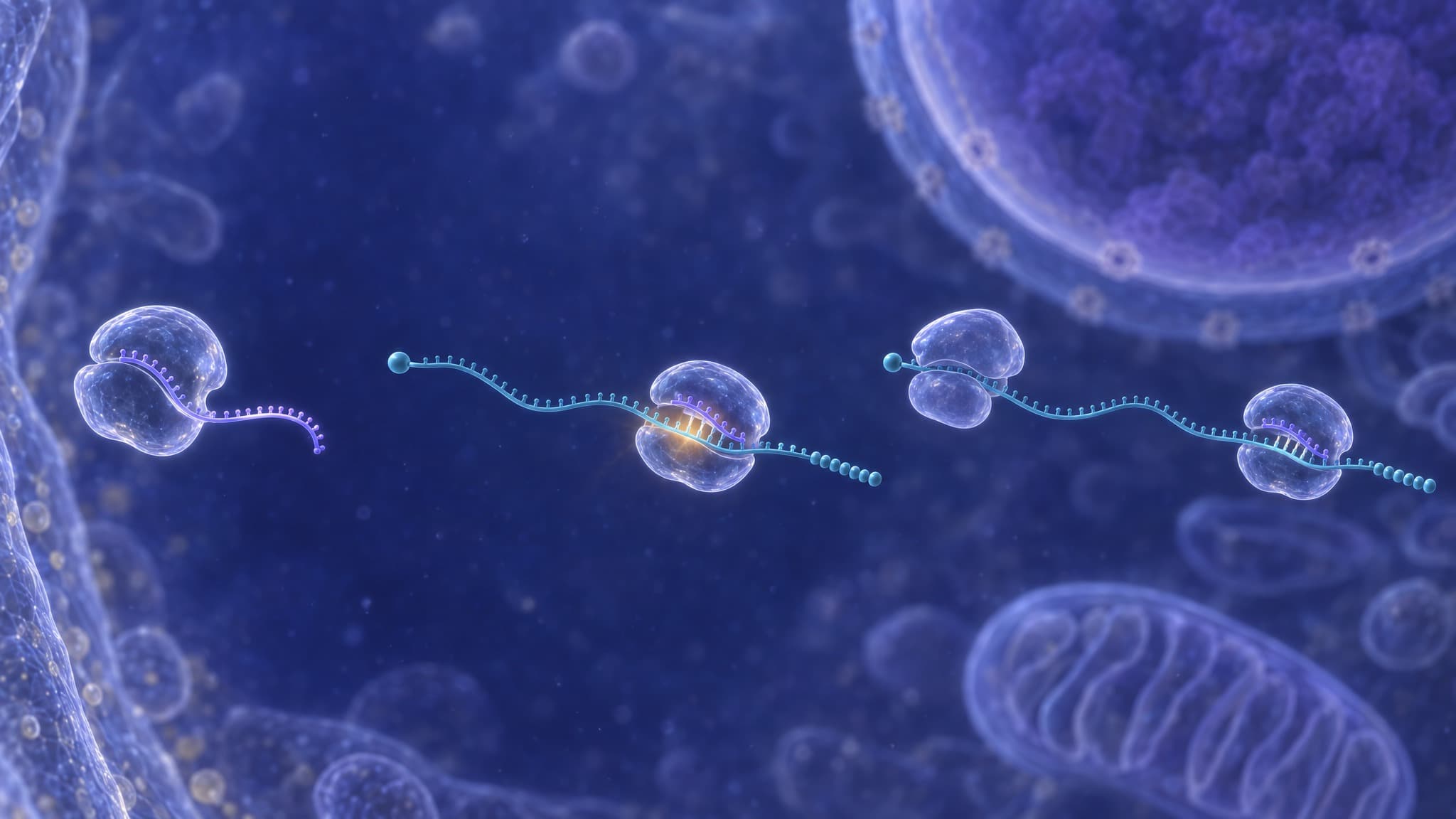 Three stages inside a cell, left to right: one uniform oligonucleotide strand with no gap slides into an Argonaute protein, a translucent two-lobed body; the loaded complex sits on a messenger RNA with the strand paired to a short stretch of it under a warm glow, the message running through unbroken from its capped start to its beaded tail; on a second message the loaded complex holds its place near the tail while a ribosome, two rounded subunits, is stalled at the capped start. Nothing is cut and no enzyme appears. The cell membrane stands at the left, the nucleus at the top right and a mitochondrion at the lower right.