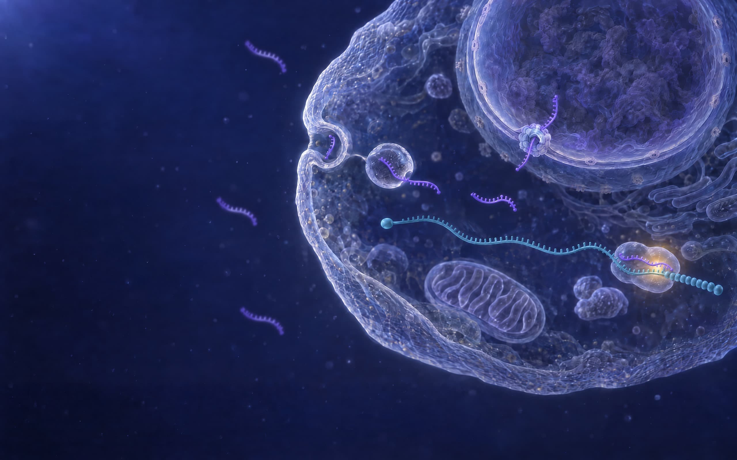 A self-delivering microRNA mimic, one uniform strand with no gap, is taken up by endocytosis: single strands drift in the medium outside the cell membrane with no transfection reagent, the membrane takes one in through a pit and a vesicle, one passes through a pore into the nucleus, and in the cytoplasm one strand is held inside an Argonaute protein, a translucent two-lobed body, that sits on a messenger RNA near its beaded tail, the strand paired with a short stretch of the message under a warm glow. The messenger RNA runs through the complex unbroken, from its capped start to its tail; nothing is cut, no enzyme appears, and a mitochondrion lies below.