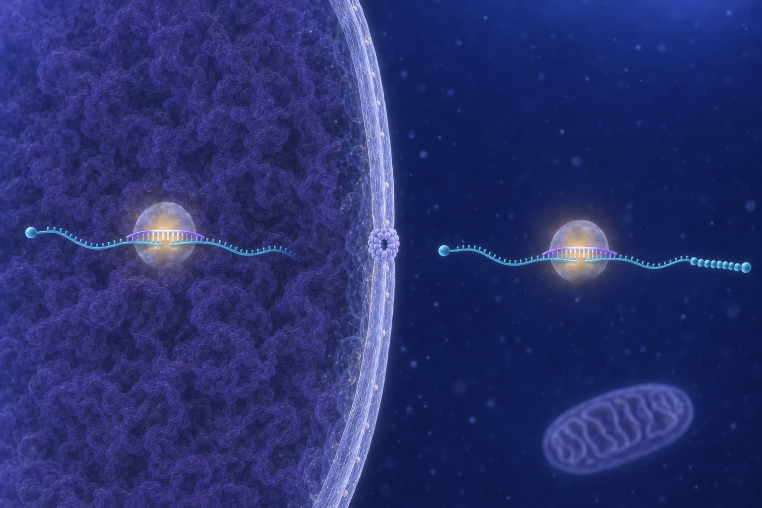 A cell's nucleus, packed with violet chromatin, fills the left of the frame and its cytoplasm the right, parted by the nuclear envelope with a single pore complex; in each compartment a blue-teal RNA, capped at one end, carries an antisense gapmer, a strand with a pale central gap between its two violet wings, paired along one stretch under a warm glow, where a translucent RNase H1 sits on the gap and the RNA is cut beneath it: a capped, tailless precursor messenger RNA winding among the chromatin on the left, and a mature messenger RNA with a beaded tail on the right, near a mitochondrion at the lower right.