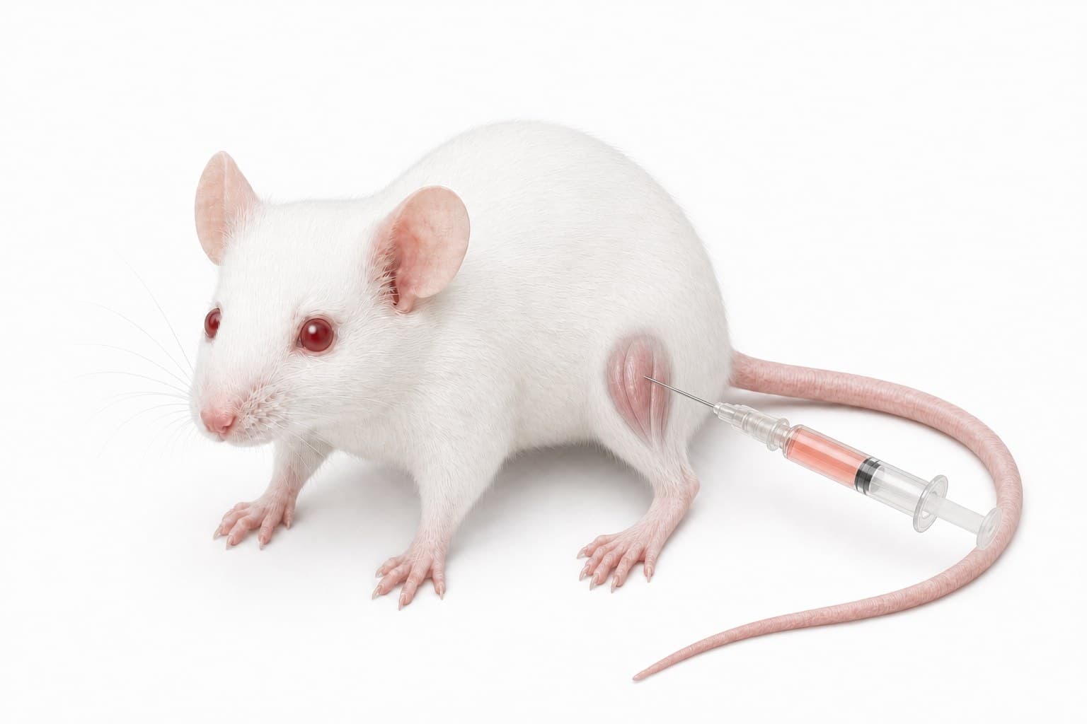 A white mouse standing, a syringe's needle entering the front of its thigh, the thigh muscle drawn faintly through the skin