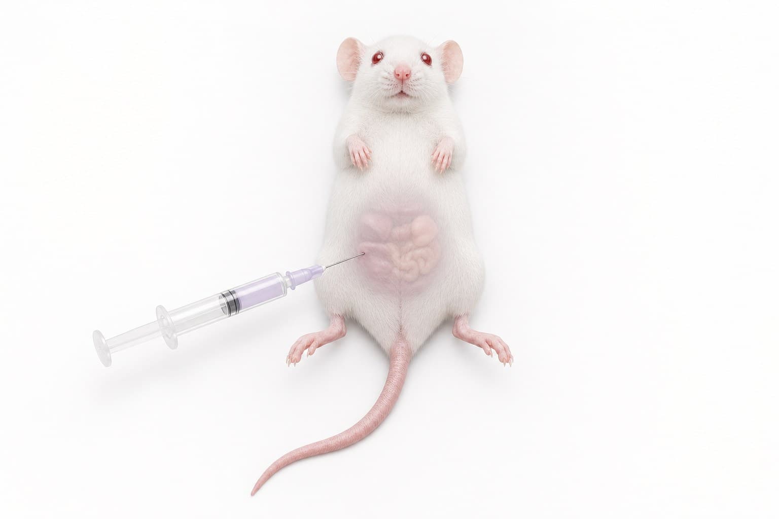 A white mouse lying on its back, a syringe's needle entering the lower abdomen to one side of the midline, the abdominal organs drawn faintly through the skin