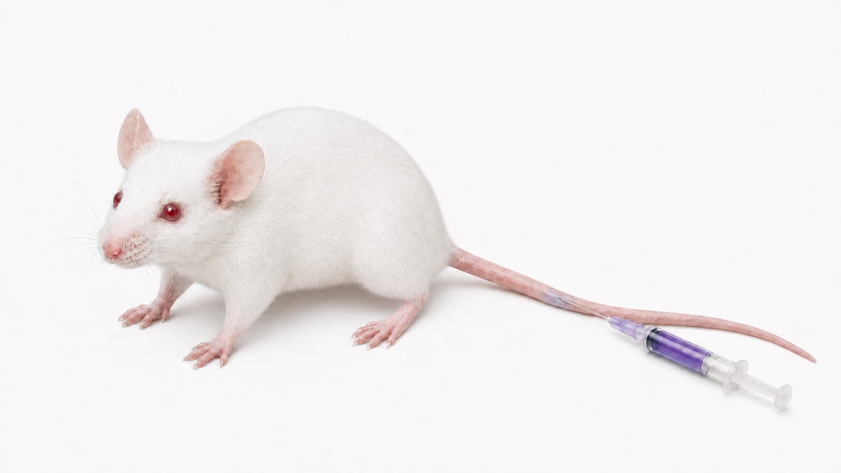 A rendering of a white laboratory mouse on a white ground; a syringe of violet liquid lies along its tail and its fine needle enters the side of the tail