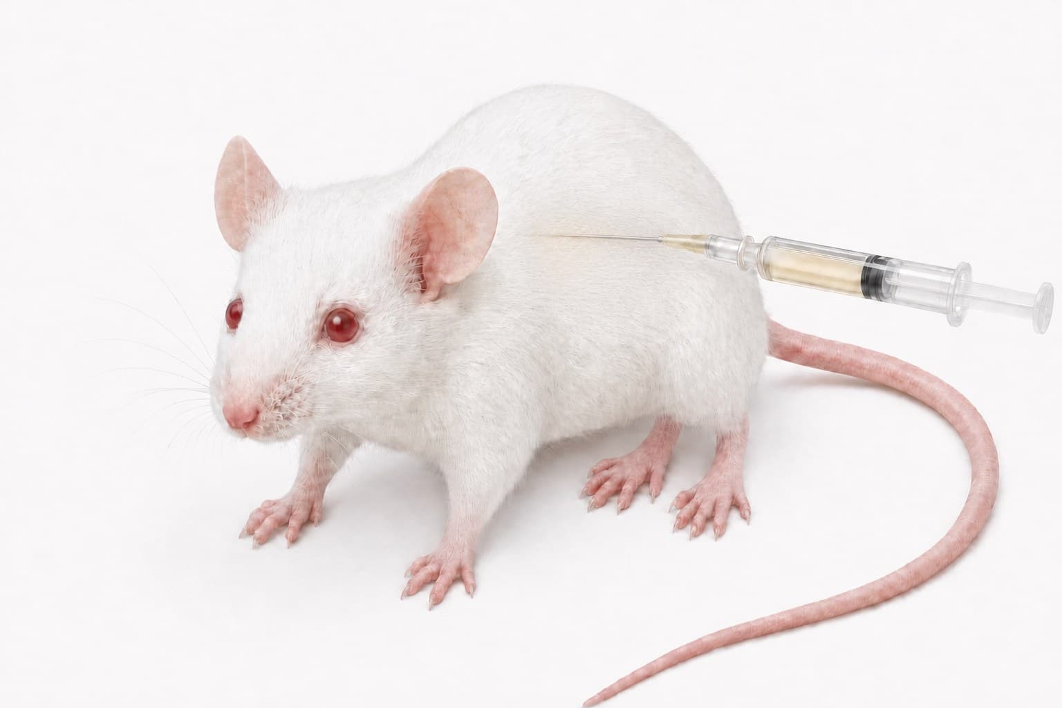 A white mouse standing, a syringe's needle slid under the skin of its flank from behind, parallel to the back