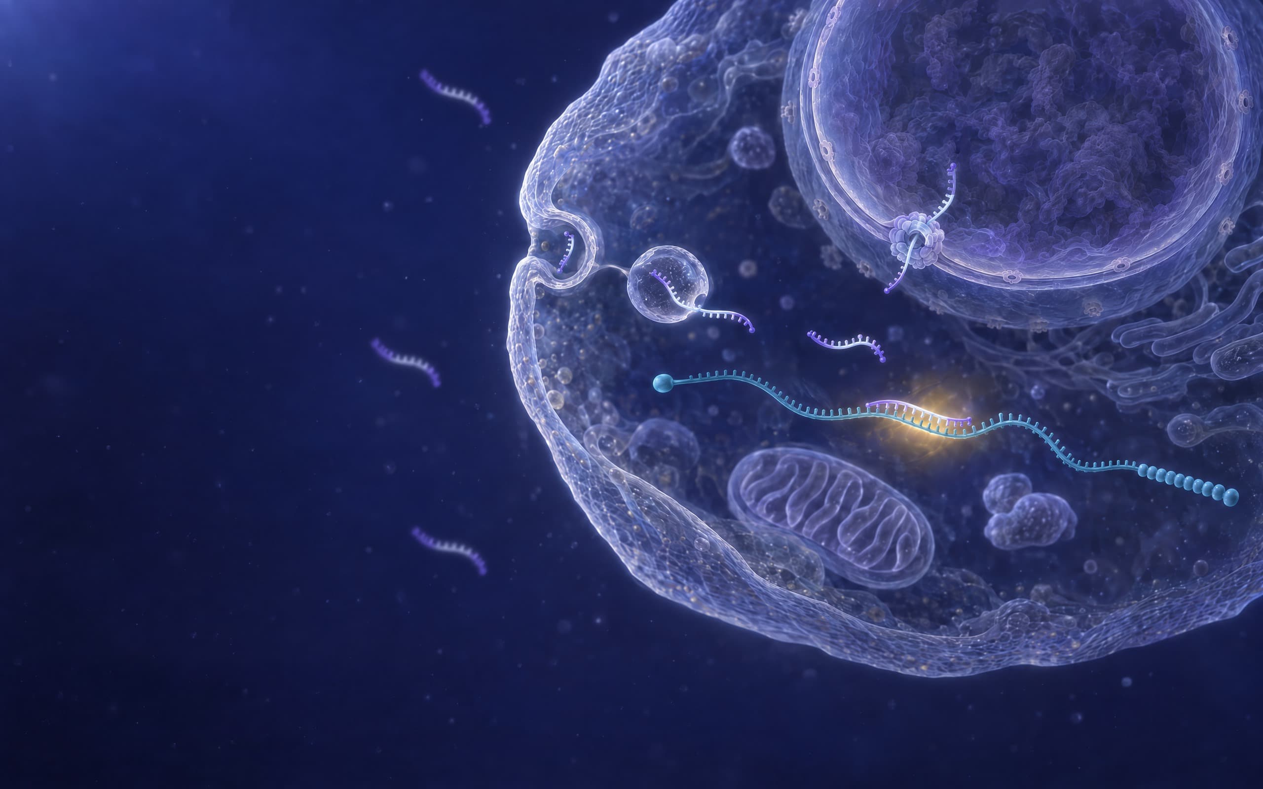A rendering of how a self-delivering antisense oligonucleotide reaches its target. Three violet single strands, each a gapmer with a pale central gap, drift in the dark medium just outside the cell membrane with no transfection reagent; one is taken up by endocytosis, through a pit and a vesicle, one crosses a nuclear pore into the nucleus, and one is paired on a blue-teal messenger RNA in the cytoplasm under a warm glow, with a mitochondrion below.