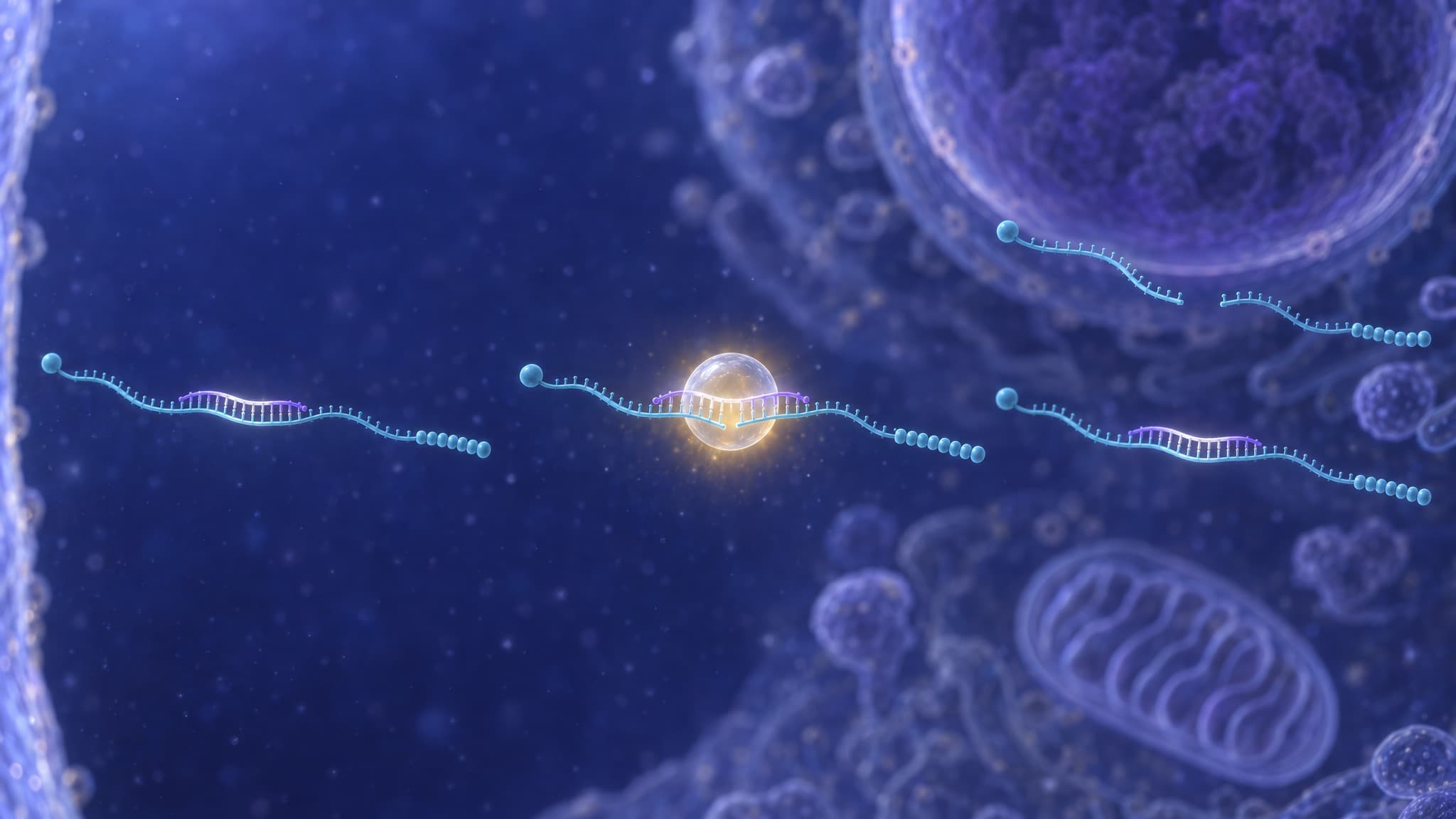 Three stages of a gapmer acting on a messenger RNA inside a cell, left to right: a gapmer with a pale central gap between its two wings is paired along its length with a messenger RNA that runs from a capped start to a beaded tail; RNase H1, a translucent sphere, sits on the pale gap under a warm glow and the messenger RNA is cut beneath it with a clear space between the two ends, the gapmer whole across the cut; the same gapmer, whole, is paired with a second intact message while the two pieces of the first, one ending in the cap and one in the tail, drift unpaired at the upper right. The cell membrane stands at the left, the nucleus at the top right and a mitochondrion at the lower right.