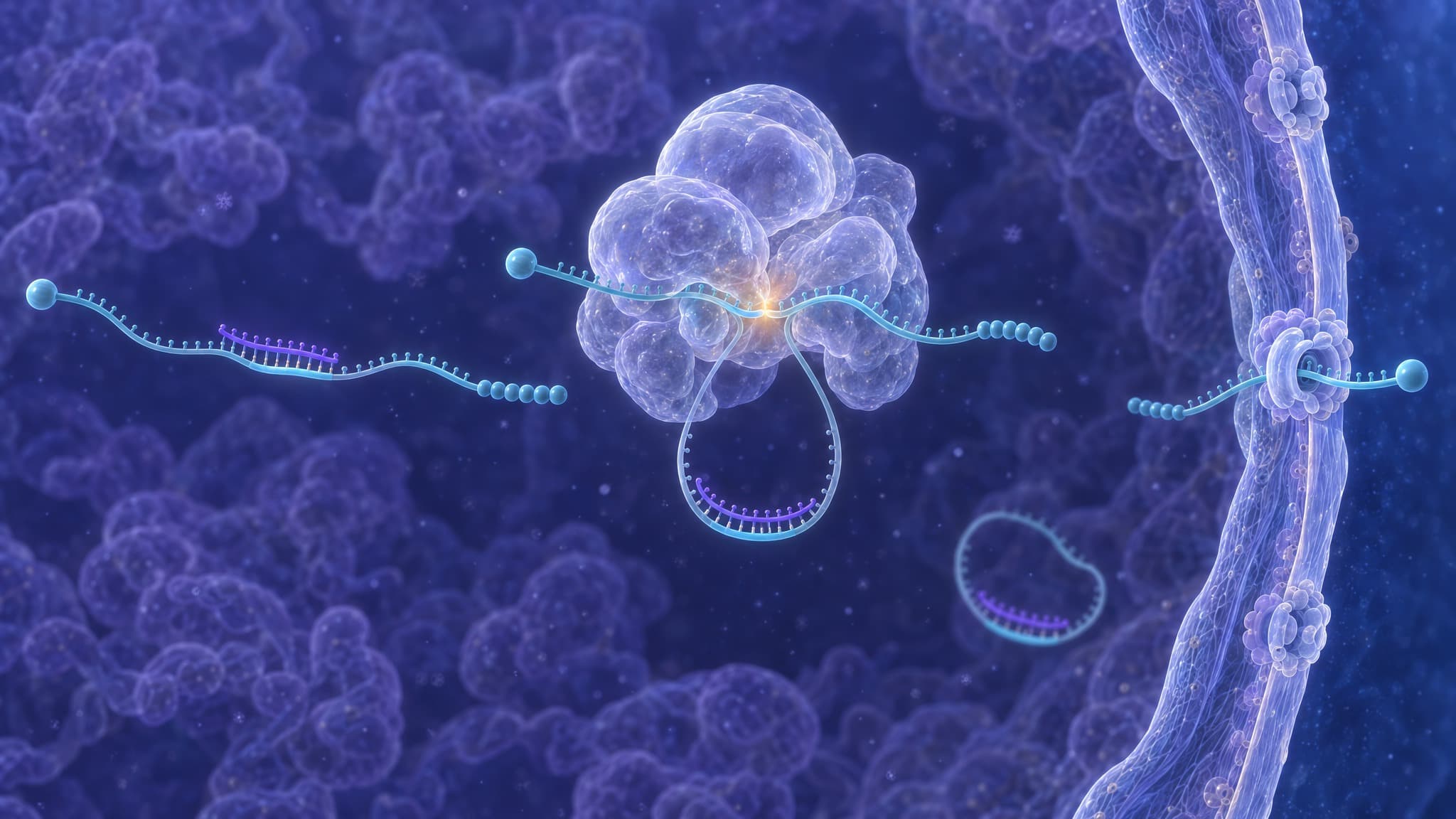 Three stages inside the nucleus, left to right: one uniform oligonucleotide strand with no gap pairs on the middle exon of a capped pre-messenger RNA that runs to a beaded tail; the spliceosome, a large translucent complex of rounded bodies, holds the two flanking exons together at one junction under a warm glow while the paired exon and its introns hang below it as a single teardrop loop; the mature message, with one cap and one tail, leaves cap first through the middle of three pore complexes in the nuclear envelope at the right, and the released loop, closed on itself with the strand still paired, drifts below. No enzyme appears and nothing is cut; chromatin fills the background.