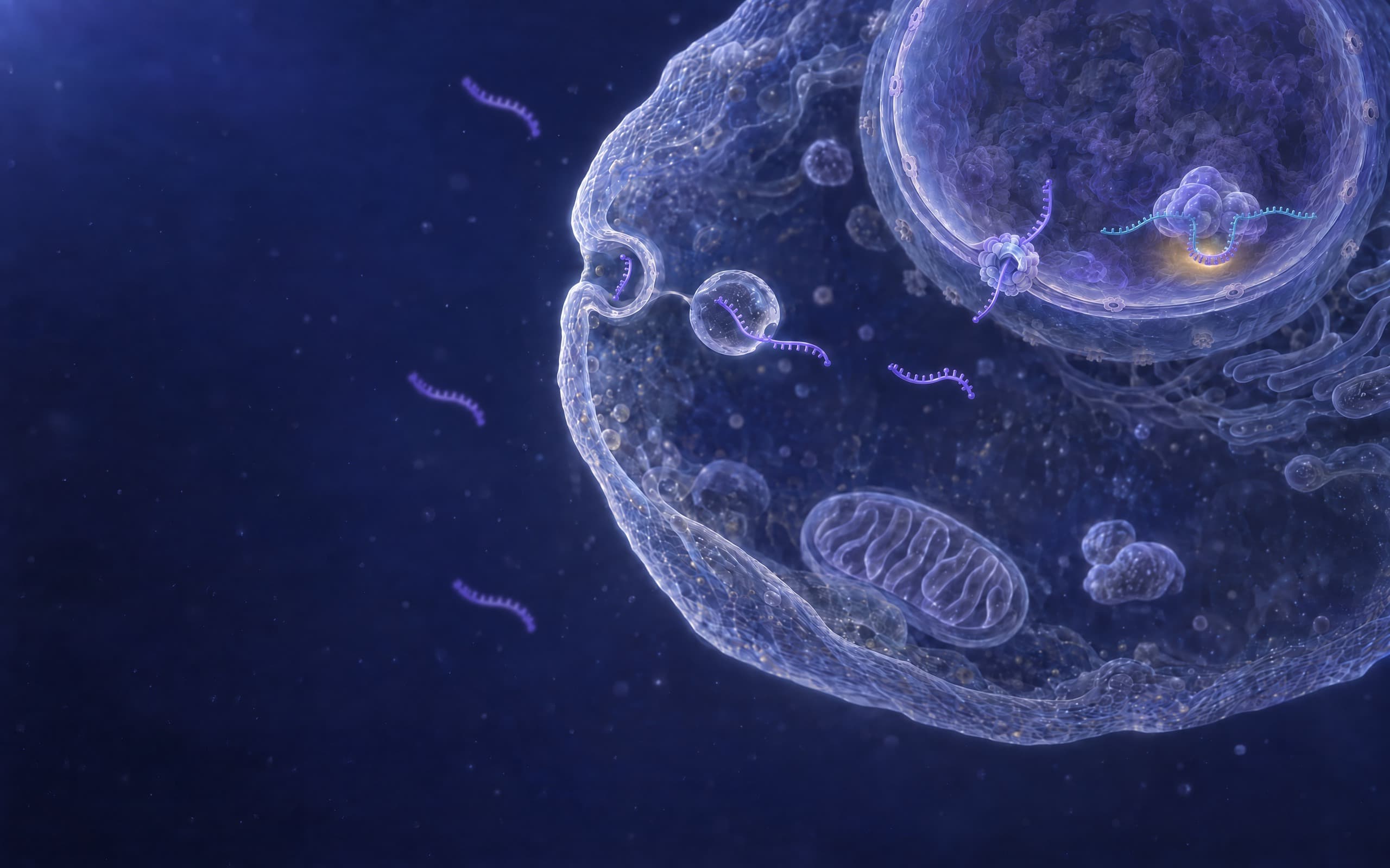 Inside the nucleus at the top right of a cell, a self-delivering antisense oligonucleotide, one uniform strand with no gap, is paired with one exon of a pre-messenger RNA, and that exon hangs in a loop below the spliceosome, a large translucent complex of several rounded bodies, which holds the two flanking exons together above it under a warm glow, so the looped exon is skipped; the oligonucleotide stays whole and the RNA it binds is not cut, with no enzyme on it. Chromatin fills the nucleus, another strand passes through a nuclear pore in the envelope, and in the cytoplasm below single strands drift, one leaving a vesicle, while the cell membrane takes one in from the medium through a pit, with no transfection reagent.