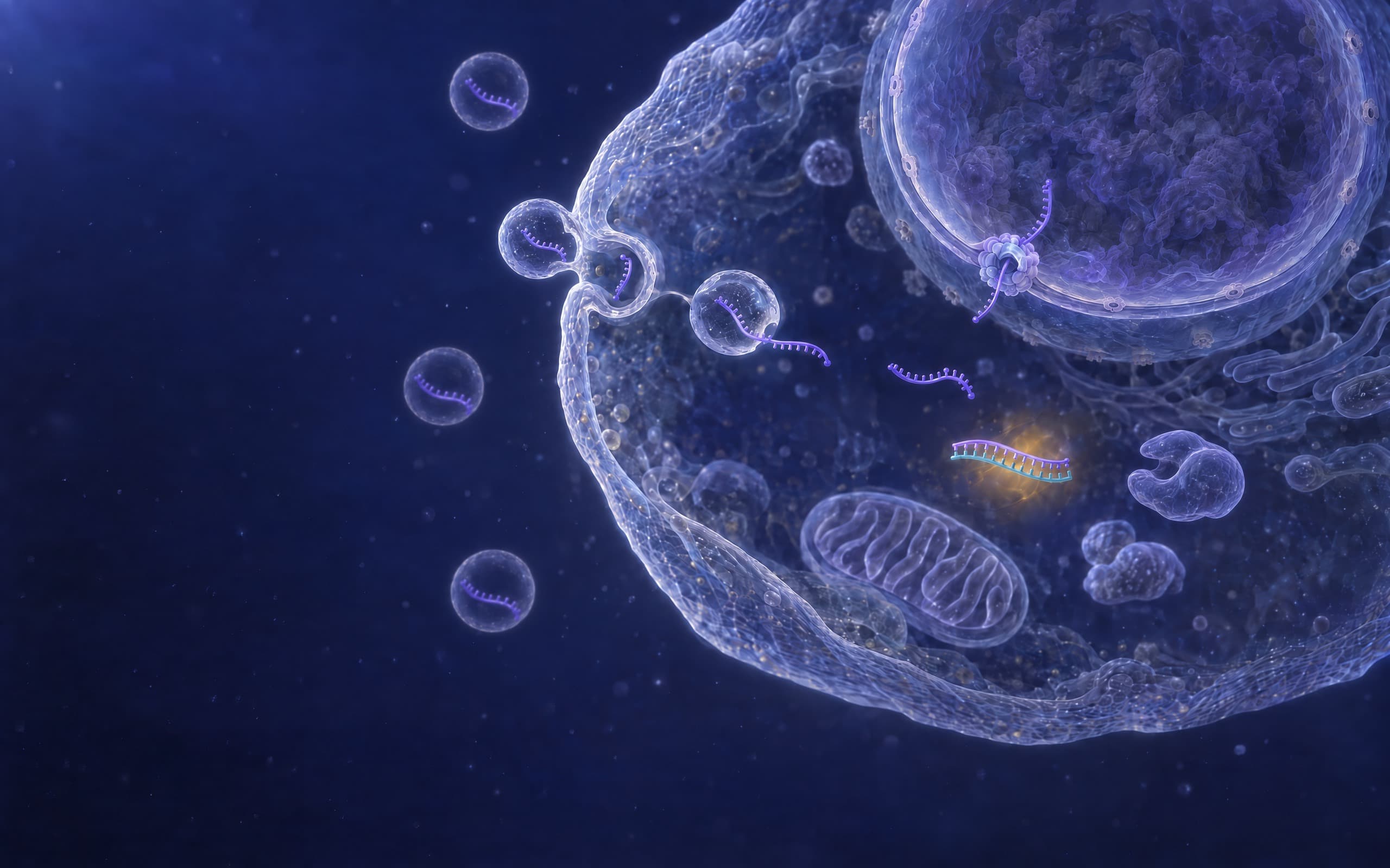 A transfection-optimized antisense oligonucleotide, one uniform strand with no gap, arrives in a lipid transfection particle and binds a microRNA: particles each carrying a single strand drift outside the cell, one docks on the lip of a pit in the cell membrane, and a strand leaves a vesicle inside. In the cytoplasm one strand is paired end to end with a short microRNA, holding it in a duplex under a warm glow; nothing is cut, no enzyme sits on the pair, and to the right of it an Argonaute protein, a translucent two-lobed body with an open groove, sits empty. One strand passes through a pore into the nucleus at the top right, and a mitochondrion lies below the pair.