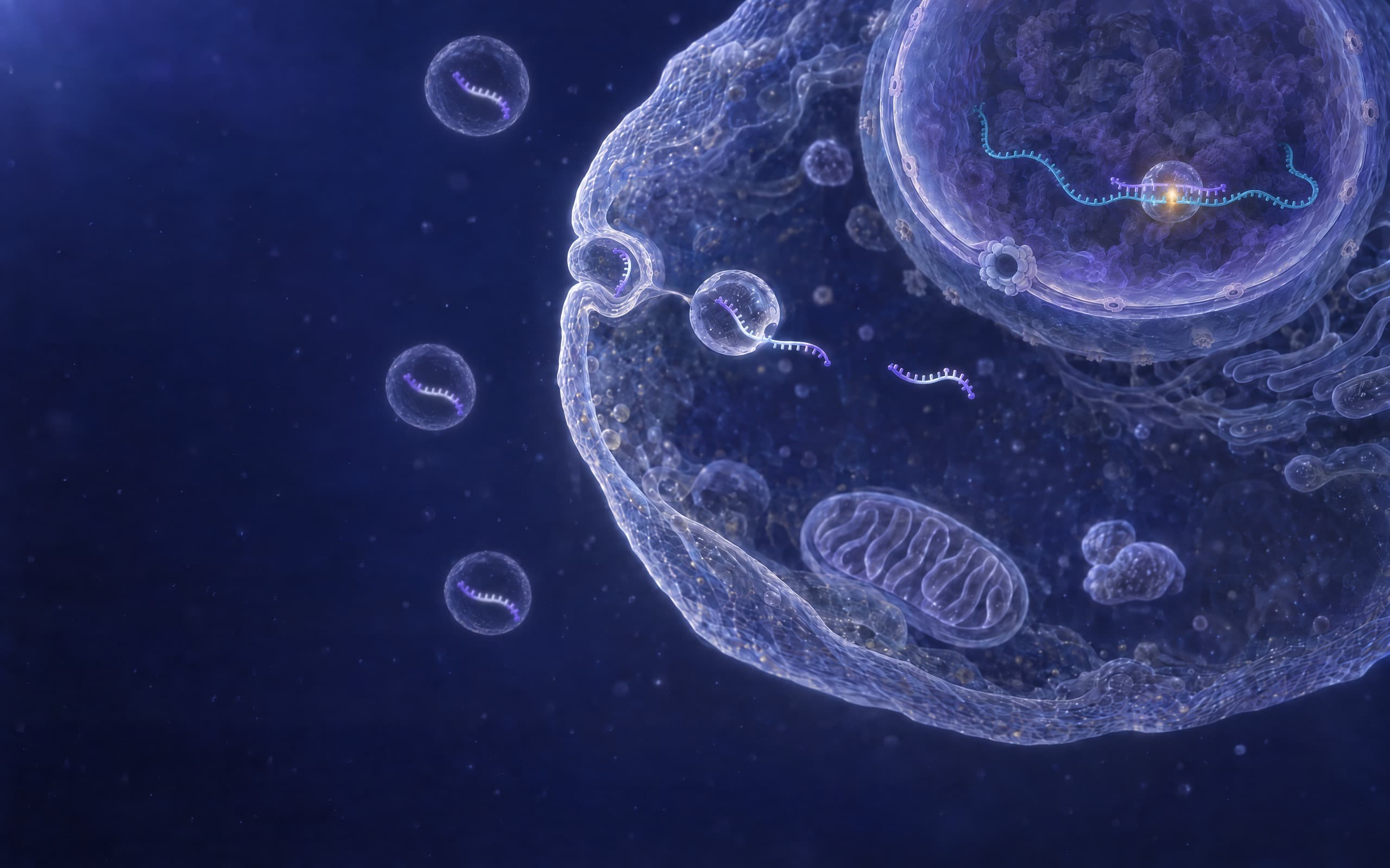 A transfection-optimized antisense oligonucleotide, a gapmer with a pale central gap between its two wings, arrives in a lipid transfection particle and acts in the nucleus: particles each carrying a gapmer drift outside the cell, one sits on the lip of a pit in the cell membrane, and a strand leaves a vesicle inside. In the nucleus at the top right, among chromatin, one gapmer is paired with a long non-coding RNA and RNase H1, a translucent globular enzyme, sits on the gap under a warm glow: the long non-coding RNA is cut at the enzyme, its two ends trailing into the chromatin, and the oligonucleotide stays whole. The nuclear pore below the scene stands empty, the cytoplasm holds only drifting strands with nothing paired there, and a mitochondrion lies below.