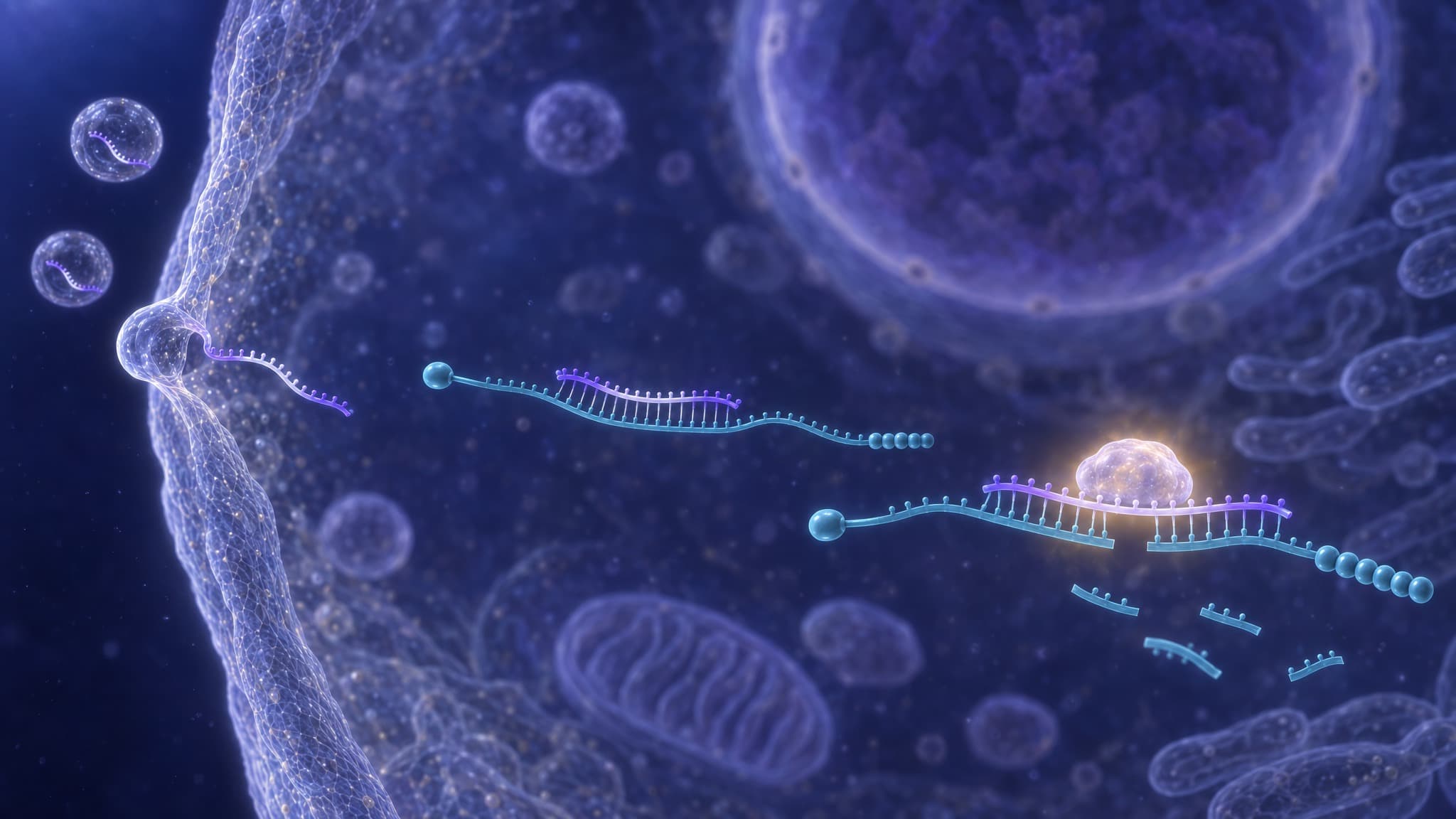 Three stages inside a cell, left to right: a lipid transfection particle fused to the cell membrane releases a gapmer with a pale central gap between its two wings, while two more particles carrying gapmers drift in the medium outside; the gapmer pairs along its length with a messenger RNA between its capped start and its beaded tail, with no enzyme yet; RNase H1, a translucent globular enzyme, sits on the pale gap under a warm glow and the messenger RNA is cut beneath it into two clean ends, the gapmer whole across the cut, with short fragments of an earlier cut drifting below. The nucleus stands at the top right and a mitochondrion at the lower center.