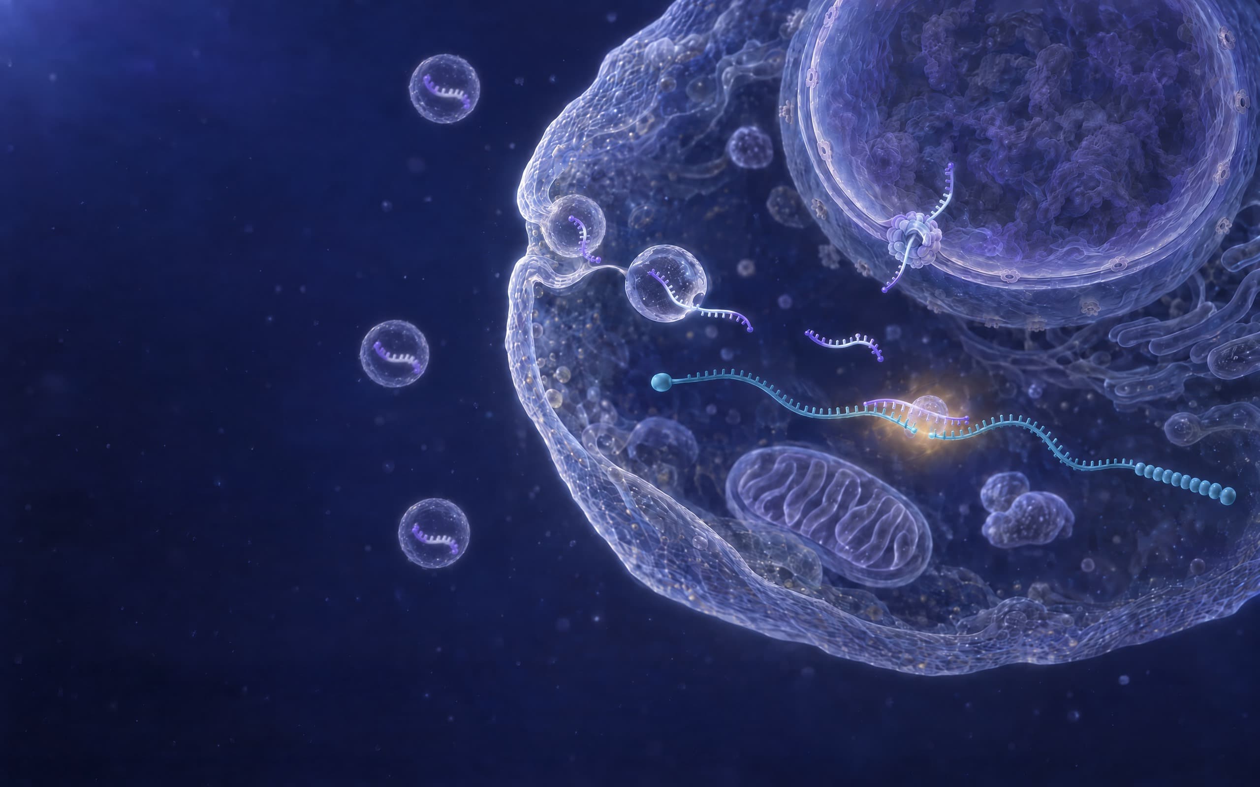 A transfection-optimized antisense oligonucleotide, a gapmer with a pale central gap between its two wings, arrives in a lipid transfection particle: particles each carrying a gapmer drift outside the cell, one docks on the lip of a pit in the cell membrane and lets its strand through, and another strand leaves a vesicle inside. There one gapmer is paired with a messenger RNA with RNase H1, a translucent globular enzyme, on the gap under a warm glow; the messenger RNA is cut at the enzyme, with a clear gap in its strand before its beaded tail, and the oligonucleotide stays whole. One strand passes through a pore into the nucleus at the top right, and a mitochondrion lies below.