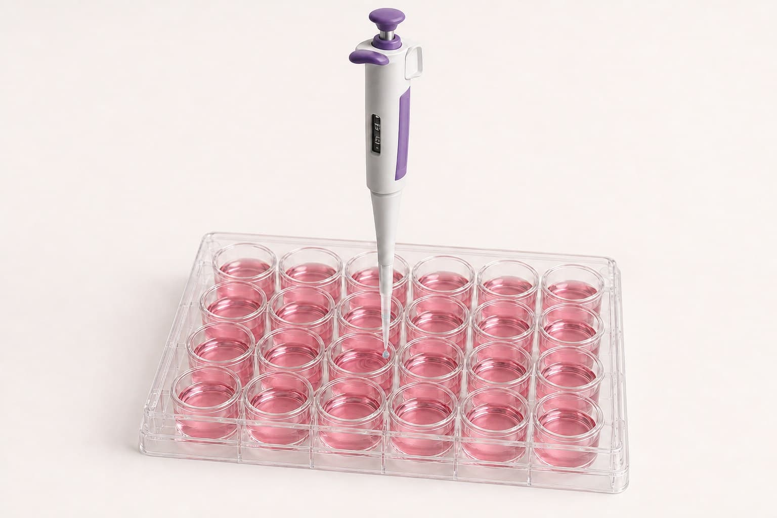 A single-channel micropipette held upright over a 24-well plate of pink medium, its tip releasing one drop into a well