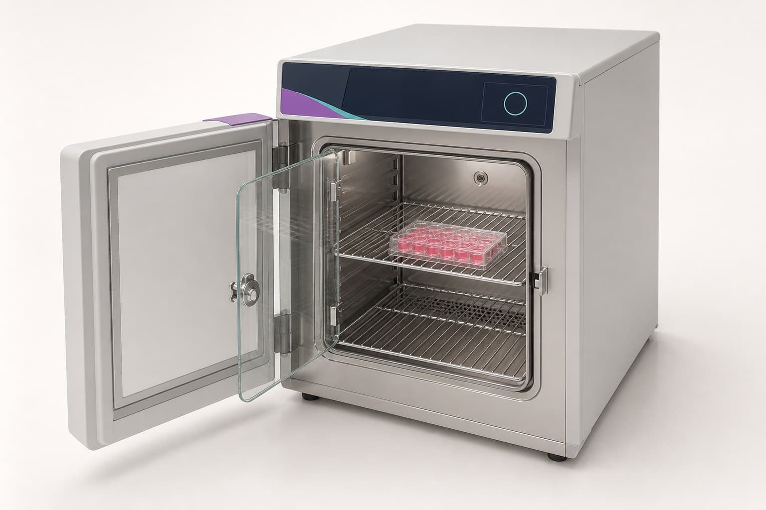 A benchtop incubator with its outer door and inner glass door open and a 24-well plate of pink medium on the upper of its two wire shelves