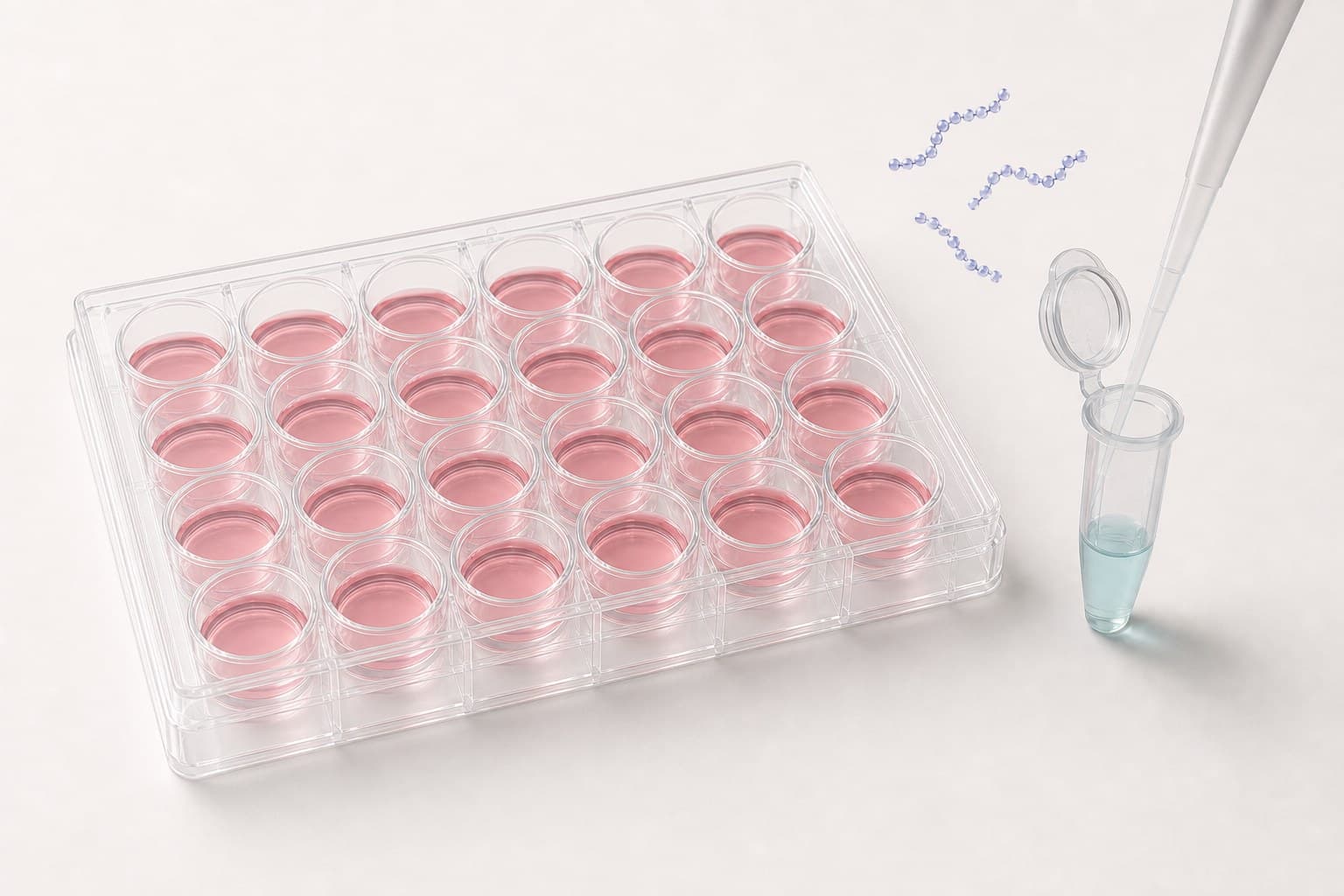A clear 24-well plate with pink medium in every well beside an open microtube holding a little solution, a pipette tip entering the tube from above, and three short strands drawn as chains of beads above the tube
