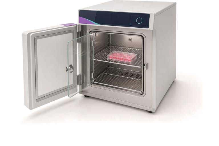 Step 3, incubate: a benchtop carbon dioxide incubator with its outer door and its inner glass door open, a 24-well plate of pink medium on the upper of two wire shelves, and a display band above the chamber with a violet and teal sweep at its left and a ring symbol on a dark panel at its right.